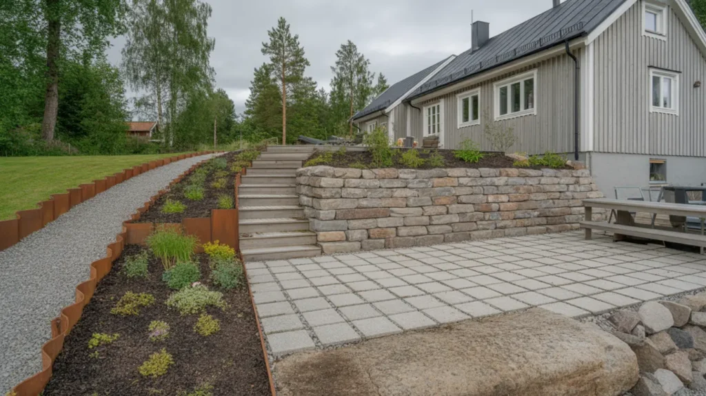 terrassering av sluttning med st dmur och v xtb ddar i stenhamra eker