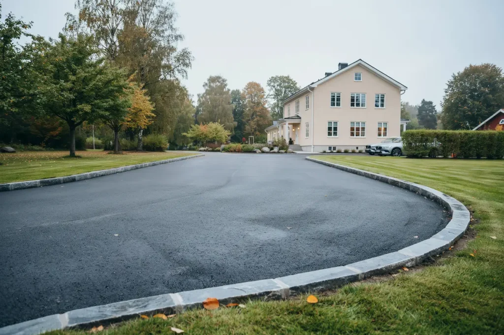 stensatt uppfart med granitkant och v ndyta i tr kvista